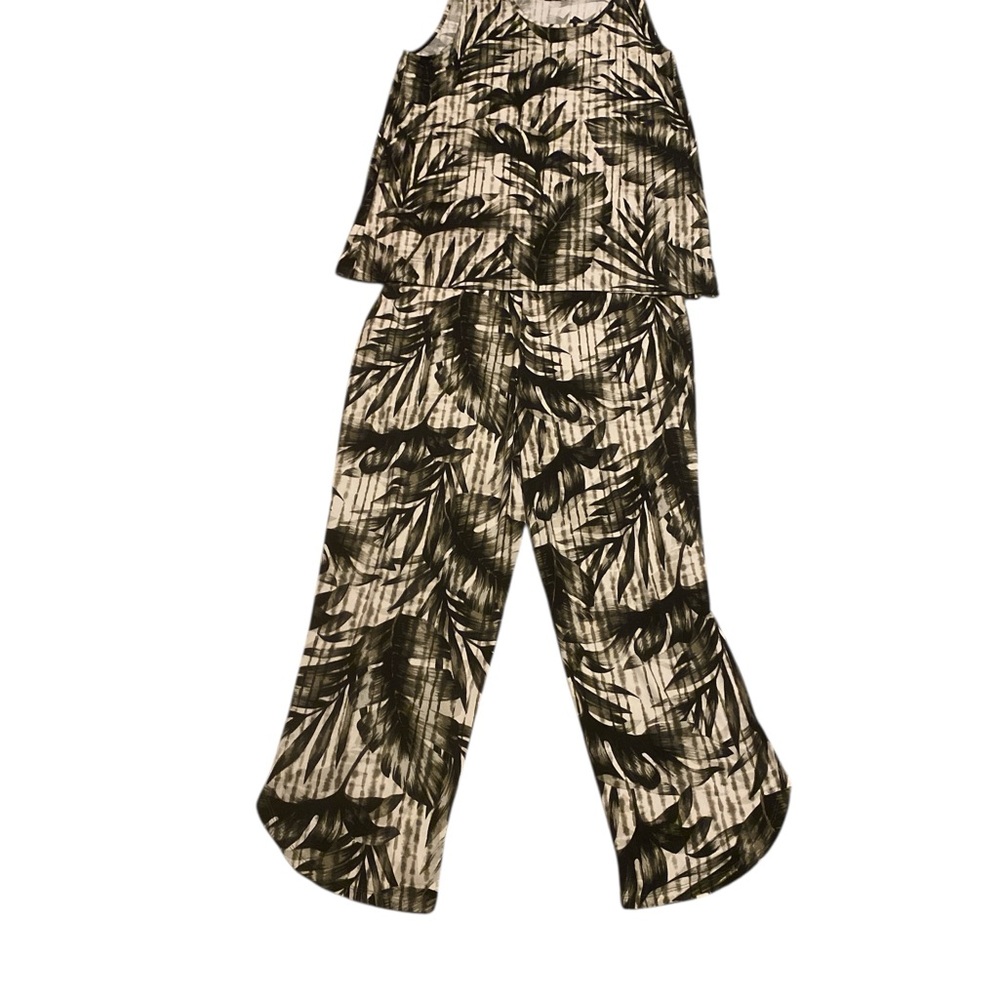 Investments Black and Cream Leaf Print Cropped Jumpsuit